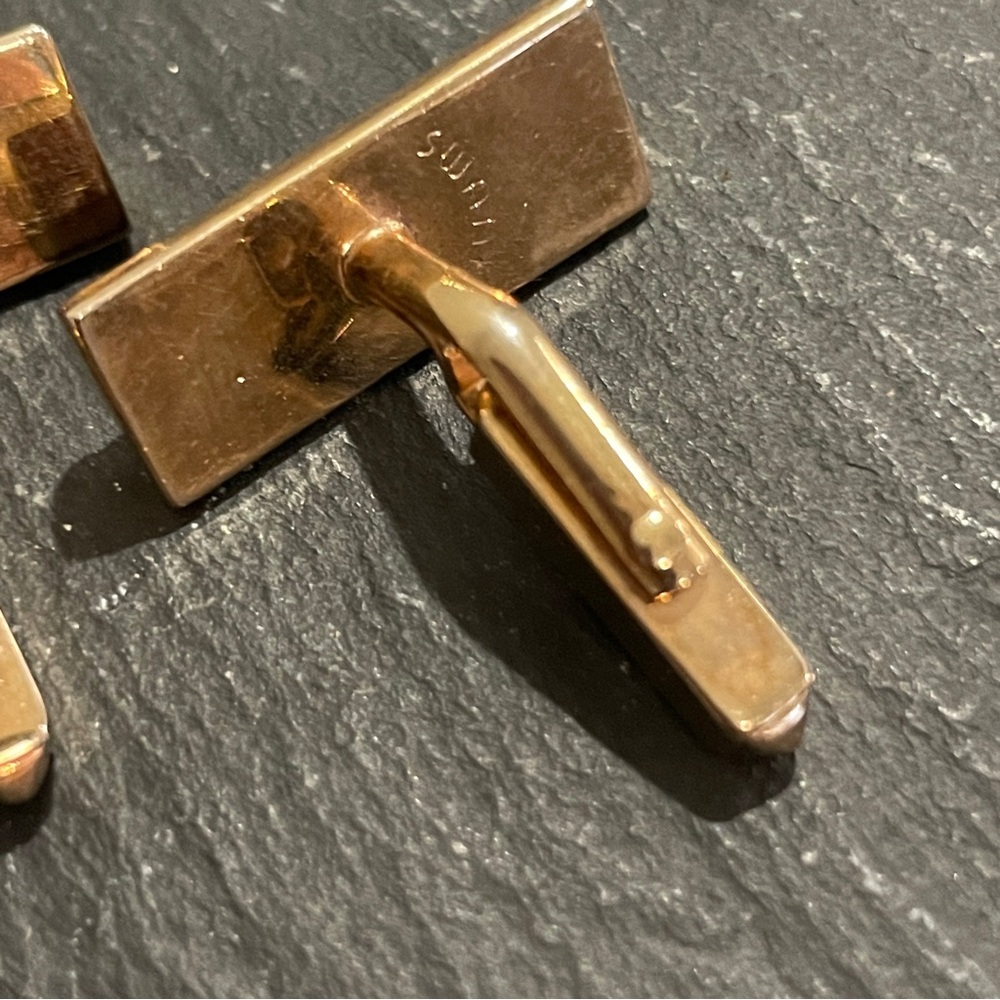 Vintage SWANK Gold Tone Cufflinks Brown Leather Inset - Picture 3 of 7